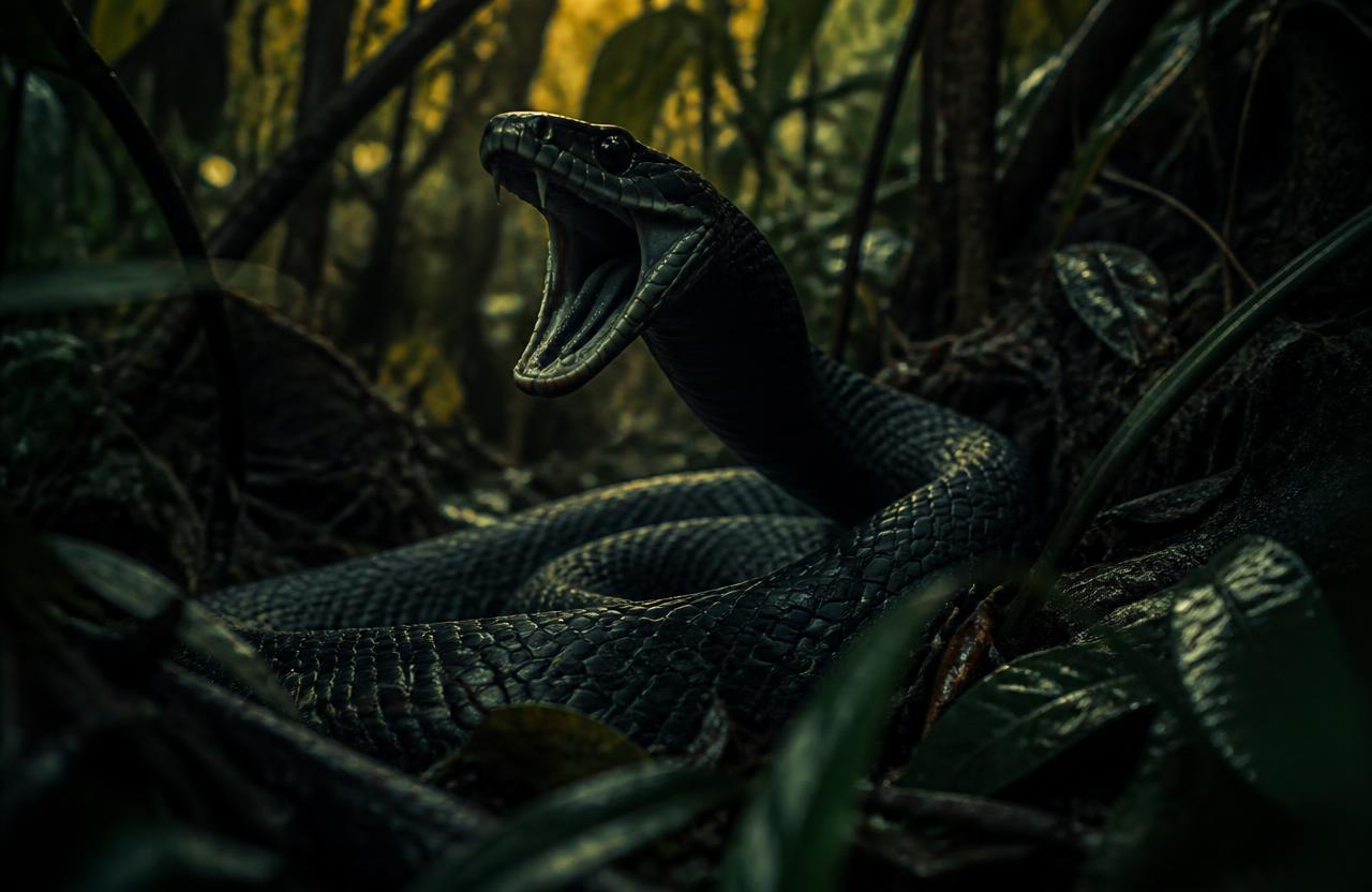 Aufgerichtete Black Mamba im dunklen Unterholz
